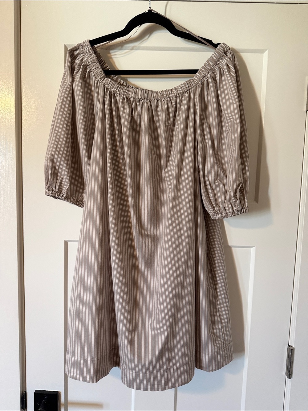 Old Navy Off the Shoulder Striped Dress in Taupe and Cream
